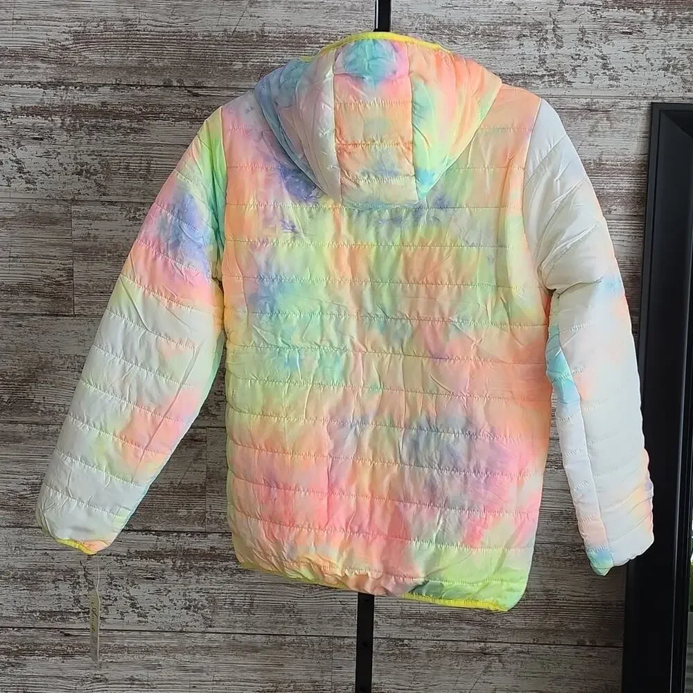 Alexa Rae Tie Dye Pastels Colorful Hooded Puffer Jacket Kids Size Large 16 NWT